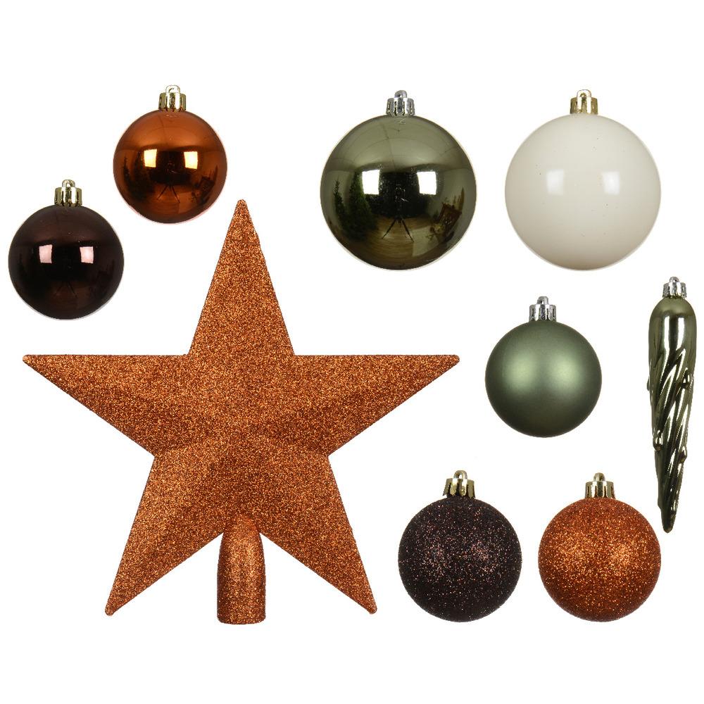 Decoris Shatterproof Bauble Set of 33 Pieces with Star Tree Topper - Warm Cider, Green & Wool White,