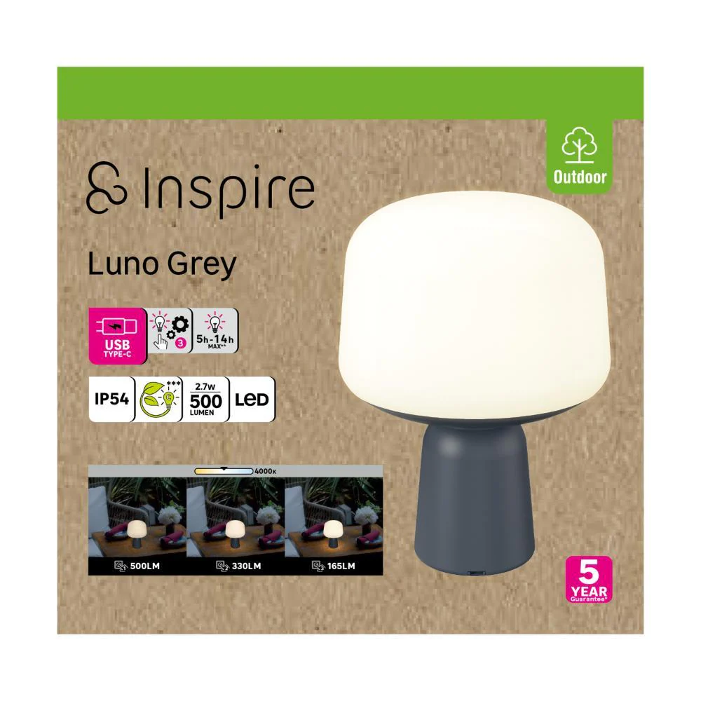 Inspire Luno Outdoor Led Table Lamp with USB Charge 4000K IP44 - Grey