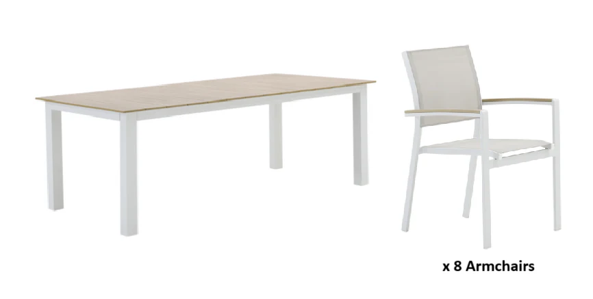 Naterial Clara Dining Set With 8 Armchairs - Table 2x1m Aluminum Synthetic Wood - White - Image 4