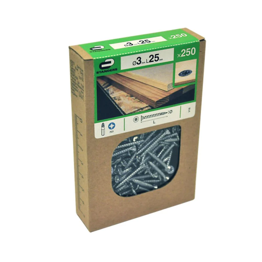 Standers Chipboard Screws Flat Countersunk PZ 3 X 25mm - 250 Pieces