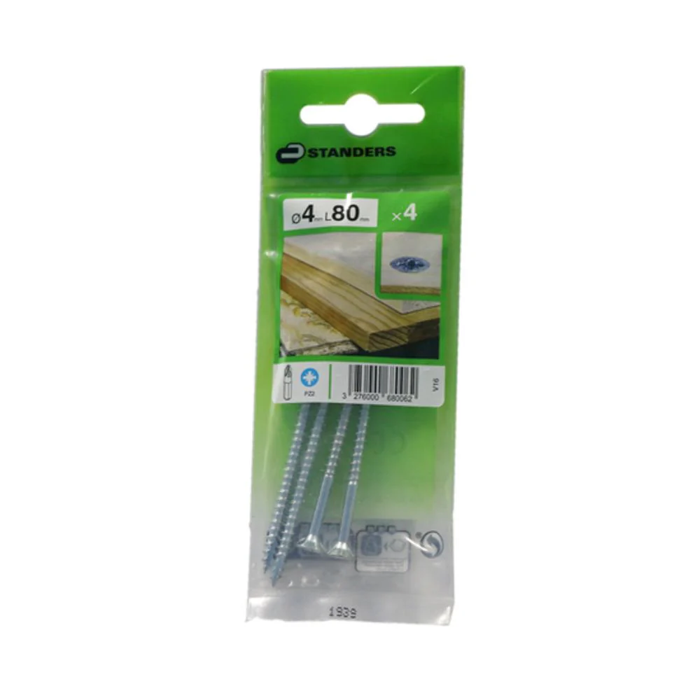 Standers Chipboard Screws Flat Countersunk PZ 4 X 80mm - 4 Pieces