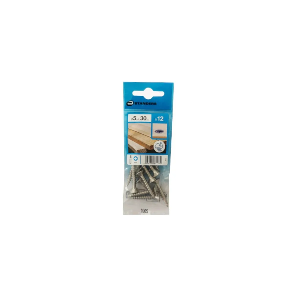 Standers SS Countersunk Chipboard Screws 5 x 30mm - 12 Pieces