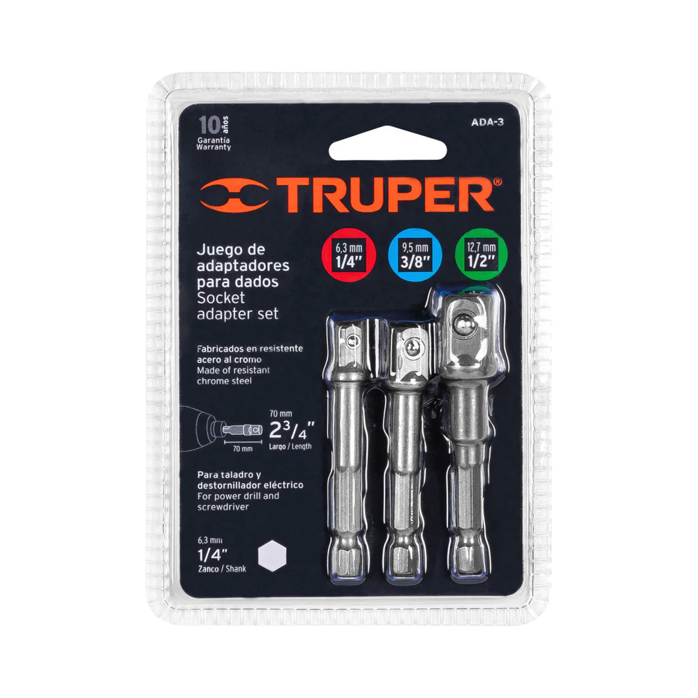Truper 1/4", 3/8" & 1/2",Socket Adapter Bit Set.
