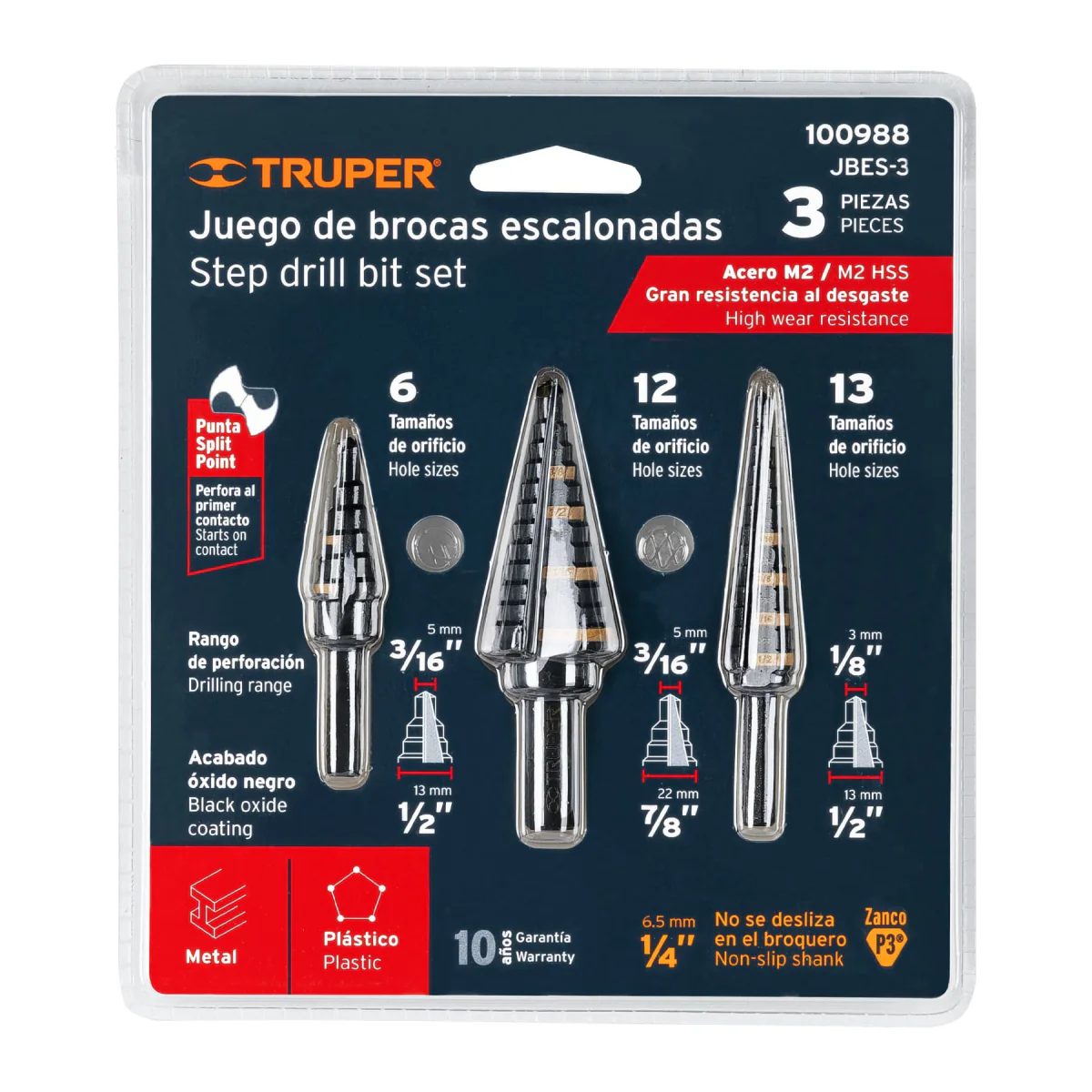 Truper, Black Oxide Step Drill Bit Set, 3 Pcs..