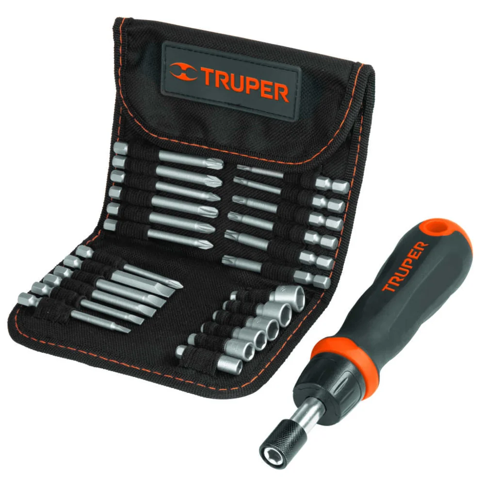 Truper Ratchet Screwdriver Set With 18 Bits And 6 Sockets - 26 Pieces.