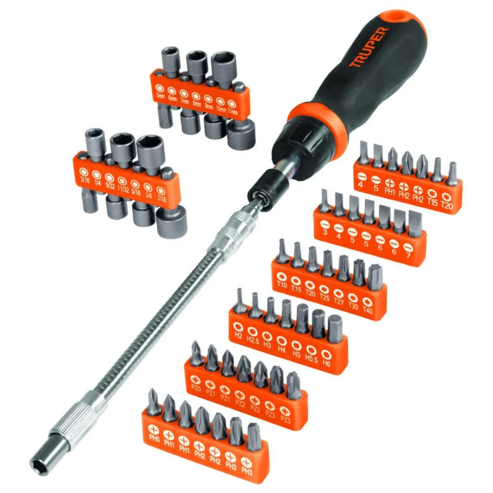 Truper Ratchet Screwdriver With 42 Bits And 14 Sockets With Extensions.